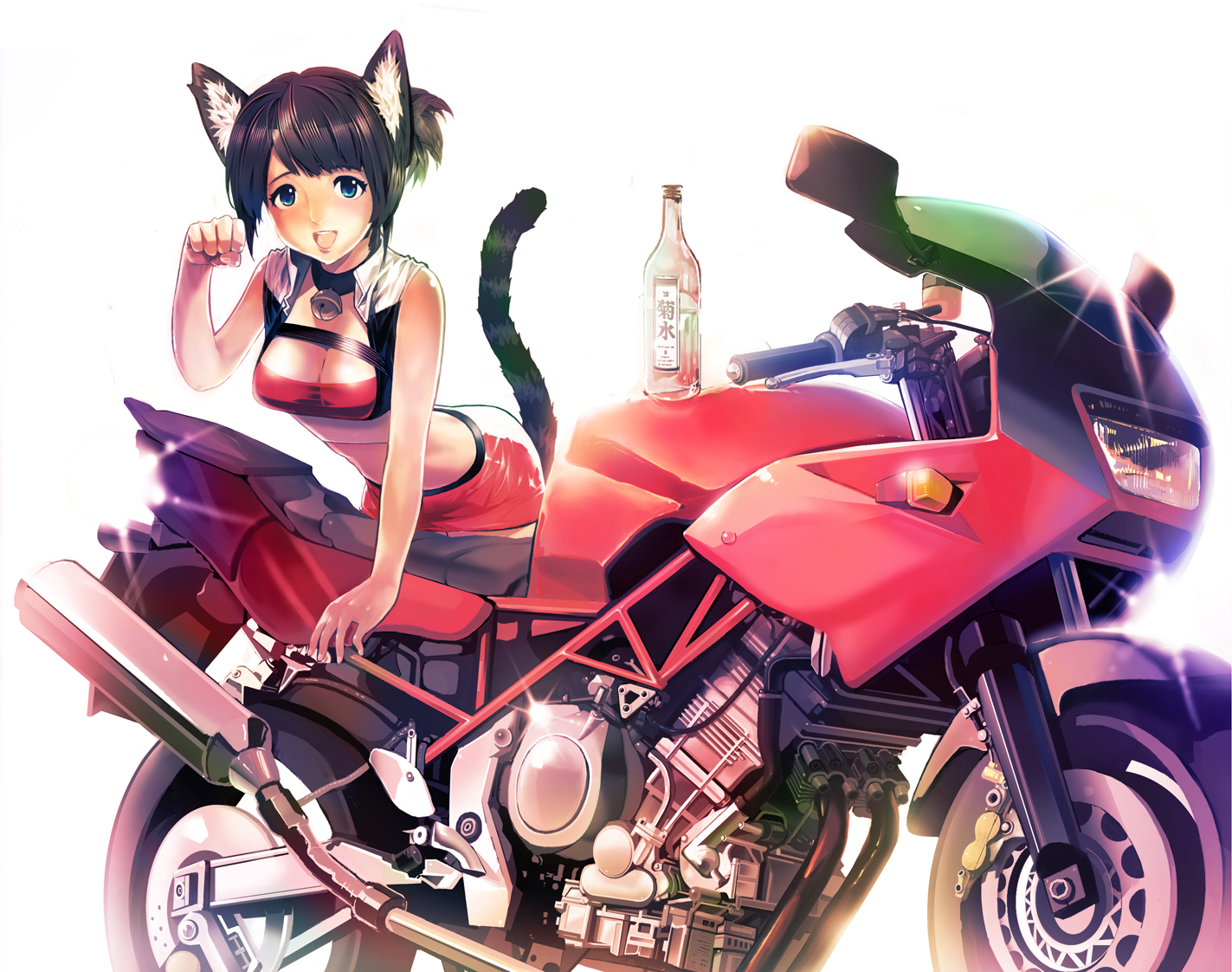dragon-nee, original, vehicle, animal ears, bell, blue eyes, brown hair, cat ears, cat tail, choker, miniskirt, motor vehicle, motorcycle, short hair, skirt, solo, tail