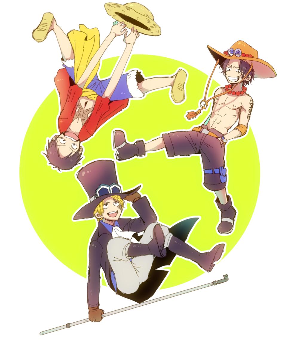nrrn03, monkey d. luffy, portgas d. ace, sabo (one piece), one piece, commentary, 3boys, abs, arm tattoo, black coat, black hair, blue shorts, boots, brothers, circle, coat, elbow pads, freckles, goggles, goggles on headwear, hands in pockets, hat, jewelry, male focus, multiple boys, necklace, pearl necklace, red shirt, sash, scar, scar on chest, scar on face, shirt, shorts, siblings, single elbow pad, straw hat, tattoo, topless male, yellow sash