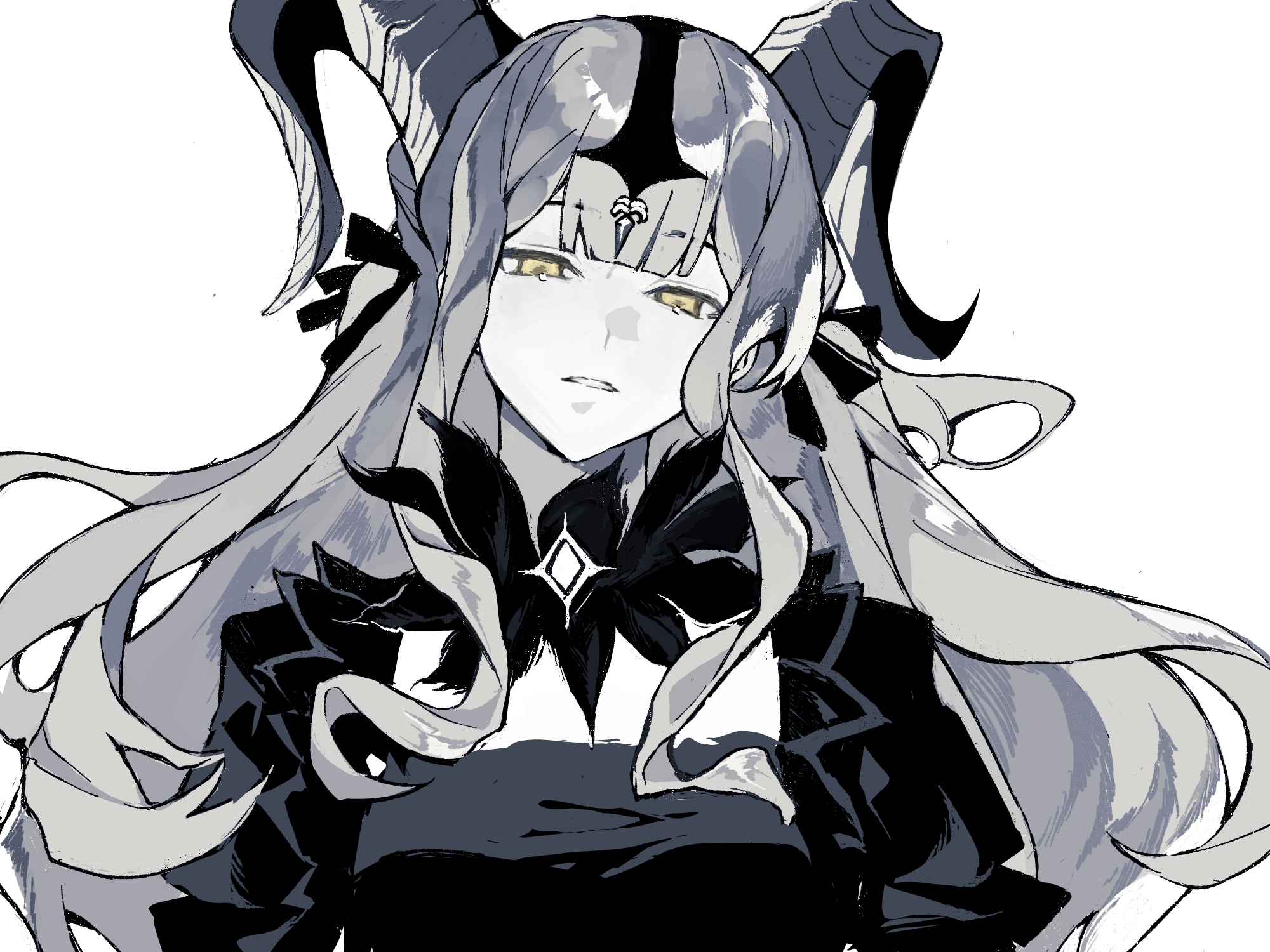 togawa sakiko, togawa sakiko (master of melodia), arknights, bang dream!, bang dream! it's mygo!!!!!, chinese commentary, commentary request, highres, 1girl, blunt bangs, bu jiu ji, curled horns, detached collar, hair ribbon, horns, long hair, looking at viewer, monochrome, parted lips, ribbon, sidelocks, simple background, solo, spot color, two side up, upper body, white background, yellow eyes