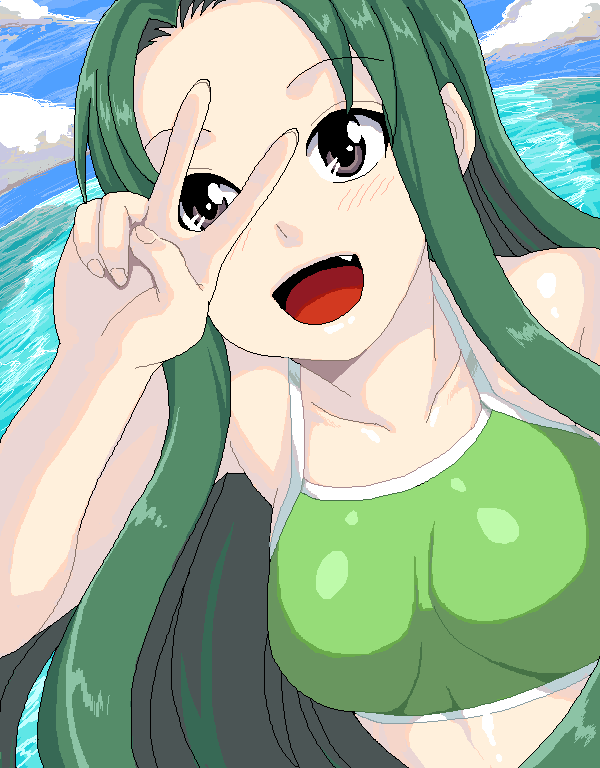 shin'ya (shin'yanchi), tsuruya, suzumiya haruhi no yuuutsu, 00s, 1girl, bikini, day, fang, female focus, green hair, long hair, mikuru beam, ocean, oekaki, solo, swimsuit, v, v over eye, very long hair