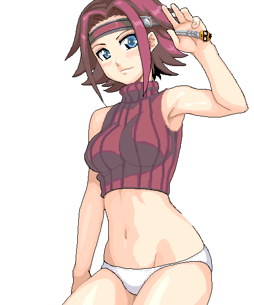 shin'ya (shin'yanchi), kouzuki kallen, code geass, 00s, bare shoulders, blue eyes, blush, headband, midriff, oekaki, panties, red hair, short hair, sleeveless, sleeveless turtleneck, solo, turtleneck, underwear