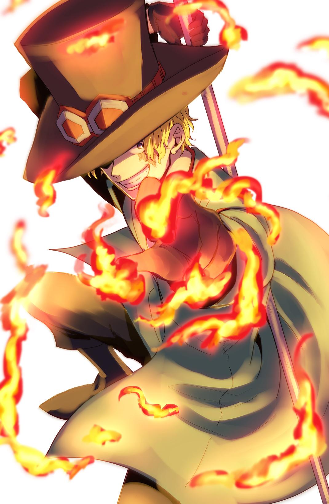 nrrn03, sabo (one piece), one piece, commentary request, highres, 1boy, black hat, blonde hair, boots, brown gloves, coat, fire, gloves, goggles, goggles on headwear, hat, hat over one eye, male focus, scar, scar across eye, scar on face, short hair, simple background, smile, solo, white background