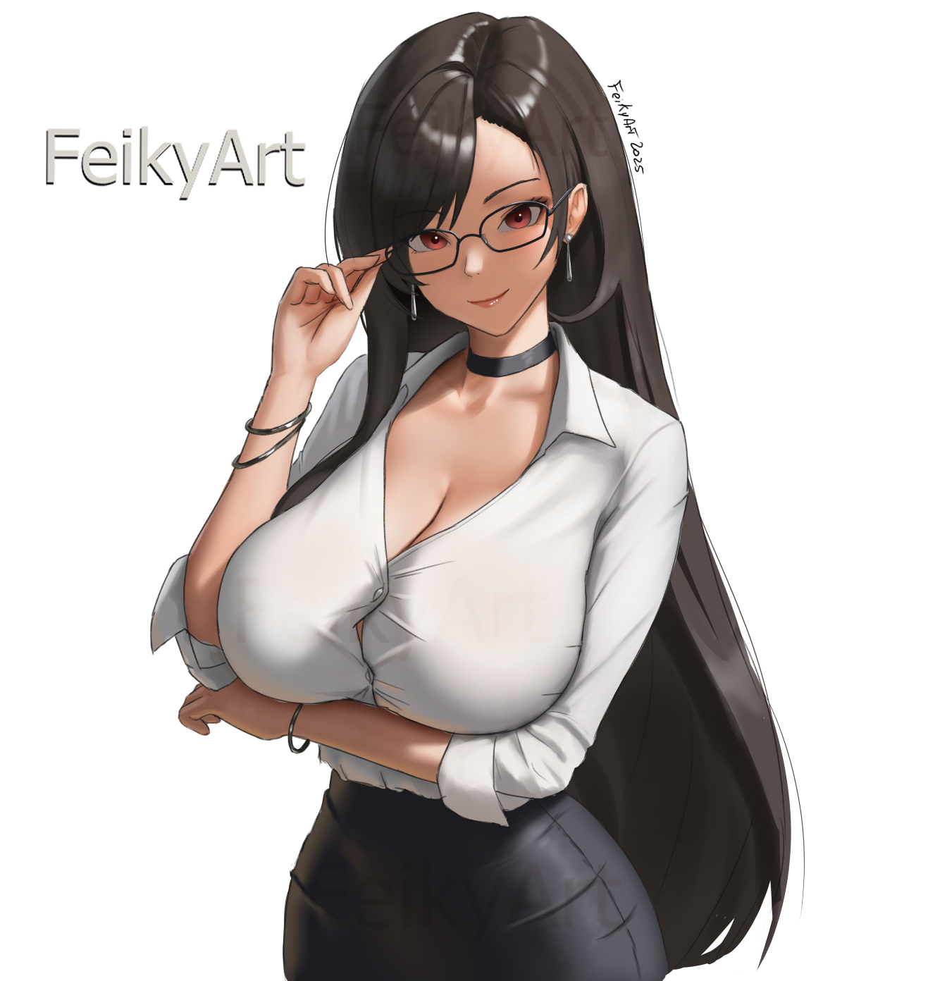 feikyart, tifa lockhart, final fantasy, final fantasy vii, highres, 1girl, arm under breasts, artist name, black choker, black hair, black skirt, bracelet, breasts, choker, cleavage, earrings, glasses, jewelry, pencil skirt, red eyes, shirt, shirt tucked in, simple background, skirt, smile, solo, upper body, white background, white shirt