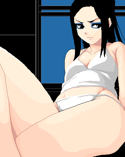 shin'ya (shin'yanchi), re-l mayer, ergo proxy, lowres, 00s, 1girl, black hair, camisole, eyeshadow, female focus, long hair, makeup, oekaki, panties, solo, underwear