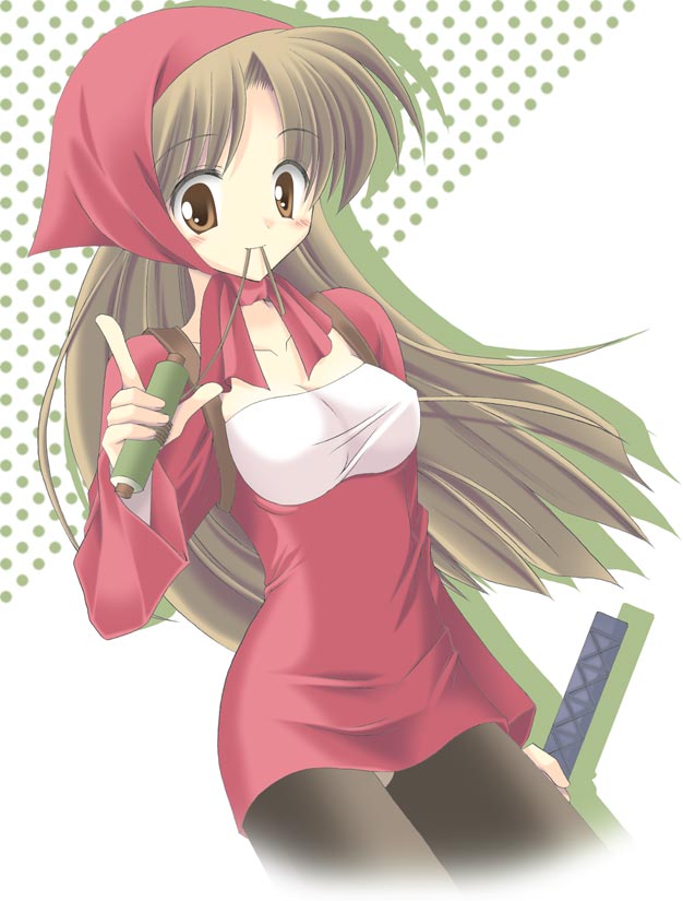 ninja (fft), final fantasy, final fantasy tactics, 1girl, blush, breasts, brown eyes, brown hair, cleavage, female focus, gradient background, hood, long hair, mouth hold, ninja, panties, panties under pantyhose, pantyhose, pantyshot, scroll, solo, sword, underwear, weapon