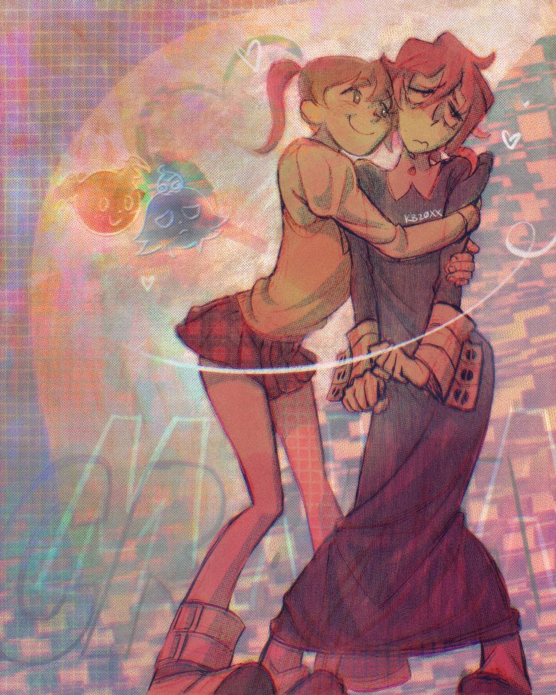crona (soul eater), maka albarn, soul eater, commentary, english commentary, 1girl, 1other, closed mouth, dress, frown, full body, heart, hug, kb20xx, shirt, short hair, skirt, smile, standing