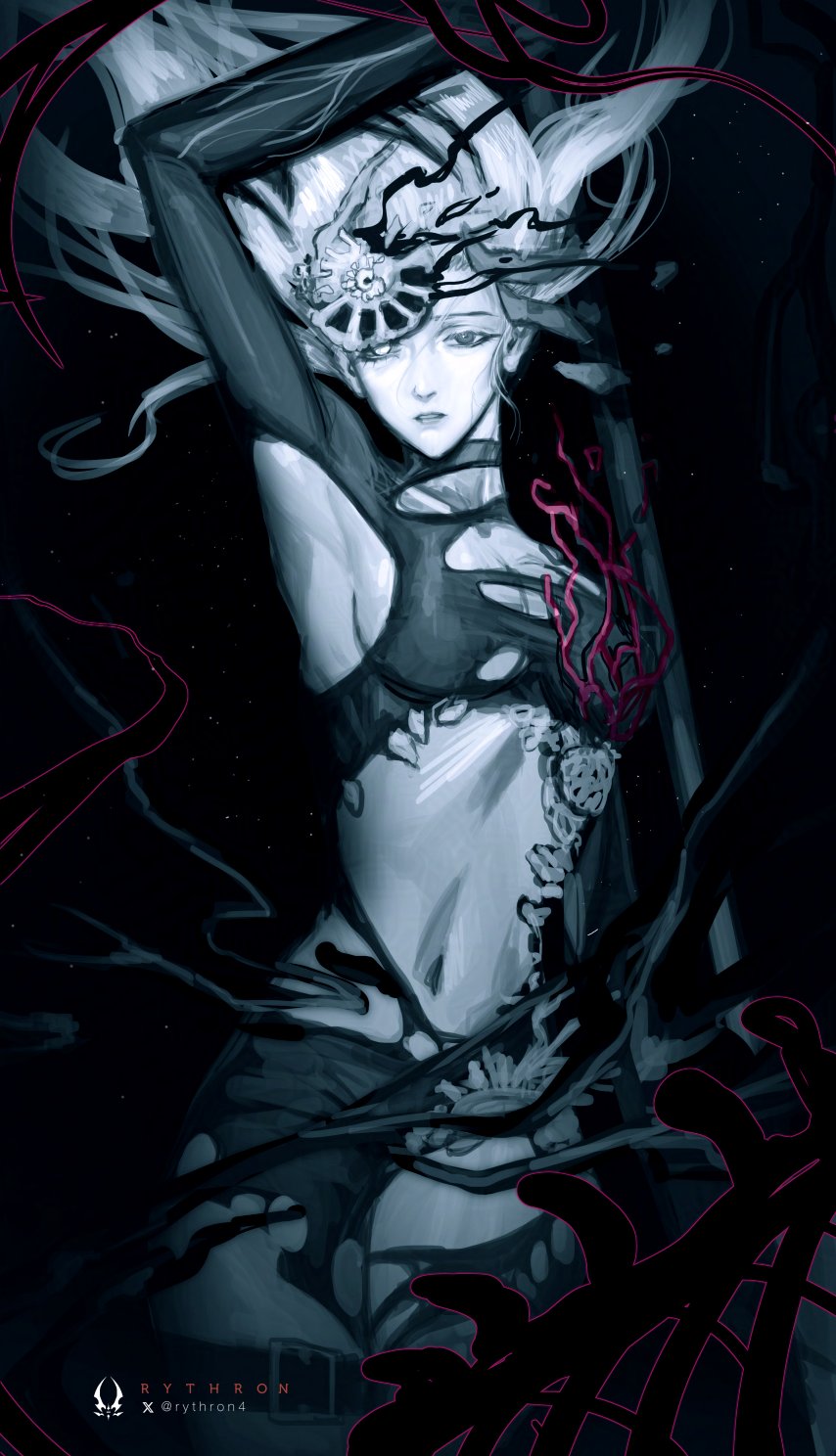 rythron4, pylgia (path to nowhere), path to nowhere, commentary, english commentary, highres, 1girl, arm up, armpits, artist logo, artist name, black background, black eyes, black wetsuit, bodysuit, breasts, cleavage, coral, cowboy shot, diving suit, floating hair, heterochromia, holding, holding polearm, holding weapon, light particles, logo, looking at viewer, material growth, navel, parted lips, polearm, sideboob, single blank eye, solo, stomach, torn bodysuit, torn clothes, twitter username, underwater, weapon, wetsuit, white eyes, white hair