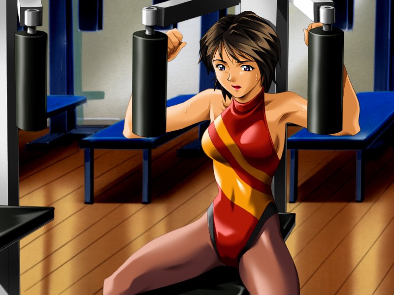 usuda yoshio, p.s., game cg, 1girl, blue eyes, breasts, brown hair, exercising, female focus, large breasts, leotard, pantyhose, purple eyes, red leotard, short hair, solo, sweat