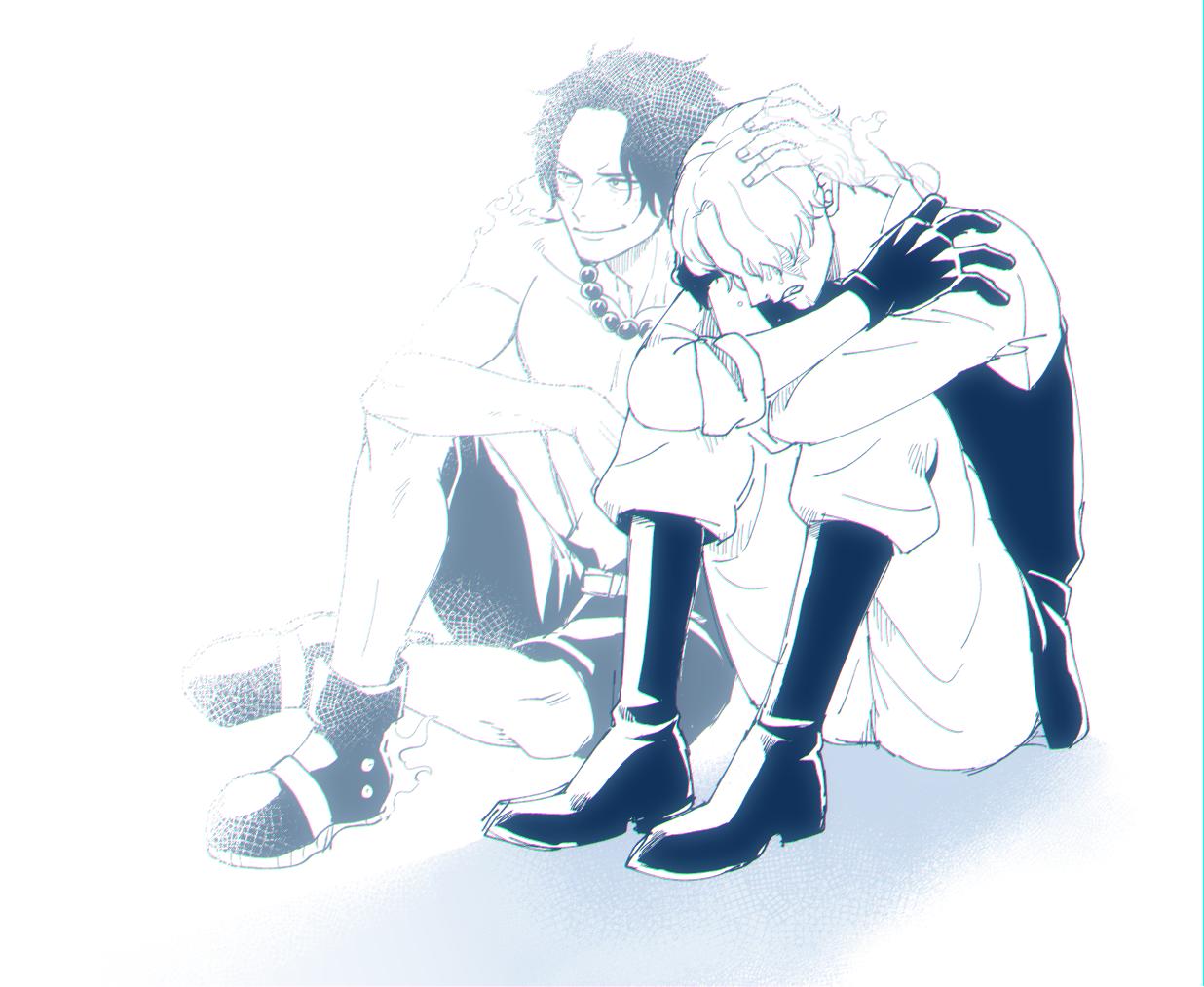 nrrn03, portgas d. ace, sabo (one piece), one piece, 2boys, boots, brothers, crying, full body, greyscale, hand on another's head, jewelry, log pose, male focus, monochrome, multiple boys, necklace, pearl necklace, shirt, short hair, siblings, sitting, smile, spirit, tears, topless male, vest
