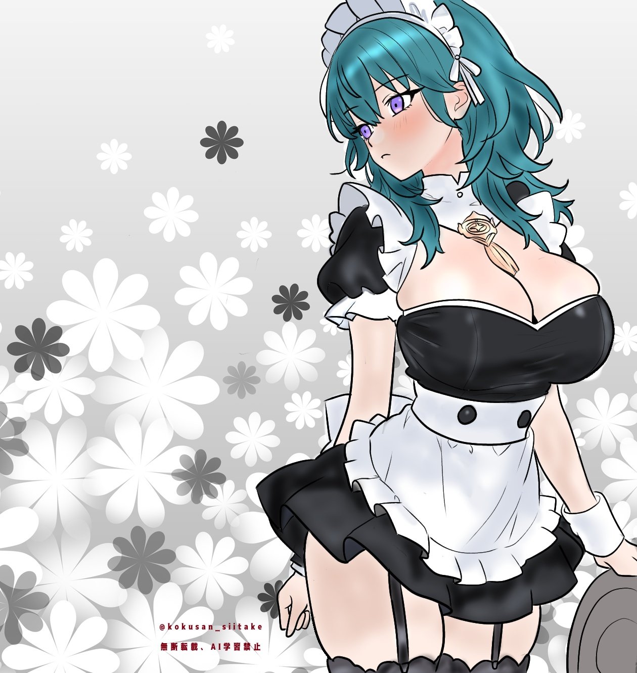 kokusan siitake, female byleth (fire emblem), fire emblem, fire emblem: three houses, nintendo, highres, 1girl, alternate costume, apron, black dress, breasts, dress, enmaided, floral background, frilled apron, frilled dress, frills, garter straps, green hair, grey background, large breasts, long hair, looking at viewer, maid, maid apron, maid headdress, puffy short sleeves, puffy sleeves, purple eyes, short sleeves, skindentation, solo, thick thighs, thighhighs, thighs, waist apron, white apron, wrist cuffs