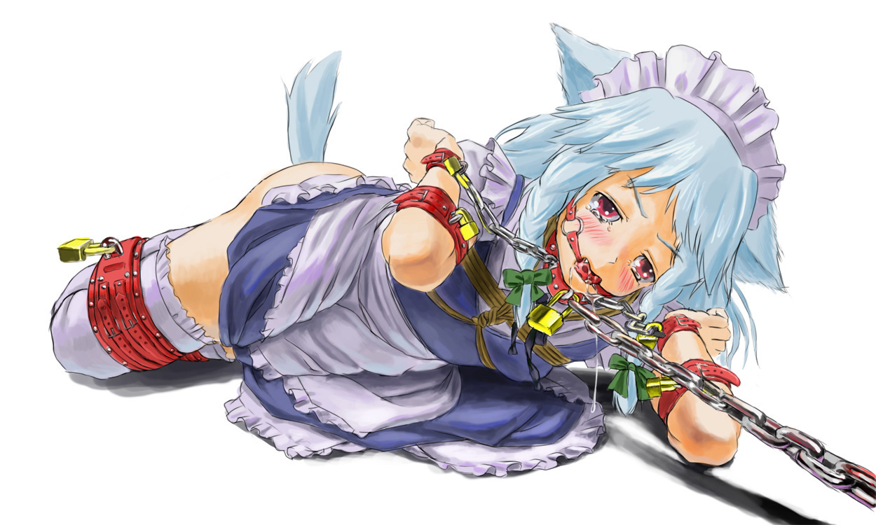 itou tatsuya, inu sakuya (nejikirio), izayoi sakuya, touhou, bad id, bad pixiv id, 1girl, animal ears, ball gag, bdsm, blush, bondage, bound, bound arms, bound legs, breast bondage, breasts, chain, collar, cuffs-to-collar, dog ears, dog tail, fang, female focus, frogtie, gag, gagged, human dog, kemonomimi mode, leash, lock, lying, maid, padlock, red eyes, rope, saliva, shibari, solo, tail, tears, thighhighs, wiffle gag