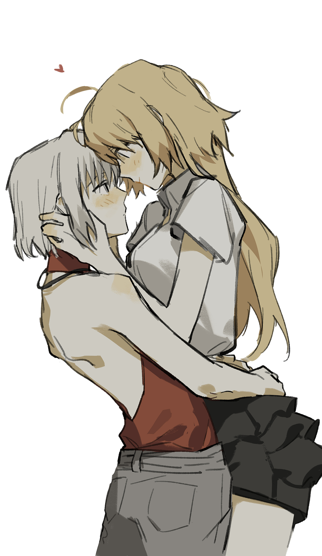 zy (zyyyyyyy9), canaan (character), oosawa maria, 428, 428: fuusa sareta shibuya de, canaan (series), commentary, english commentary, highres, 2girls, ahoge, bare back, bare shoulders, black skirt, blonde hair, blush, breasts, carrying, carrying person, closed mouth, collared shirt, cowboy shot, grey eyes, grey hair, grey pants, hair between eyes, heart, long hair, looking at another, medium breasts, multiple girls, pants, pocket, red tank top, shirt, short hair, short sleeves, simple background, skirt, smile, standing, tank top, white background, white shirt, yellow eyes, yuri