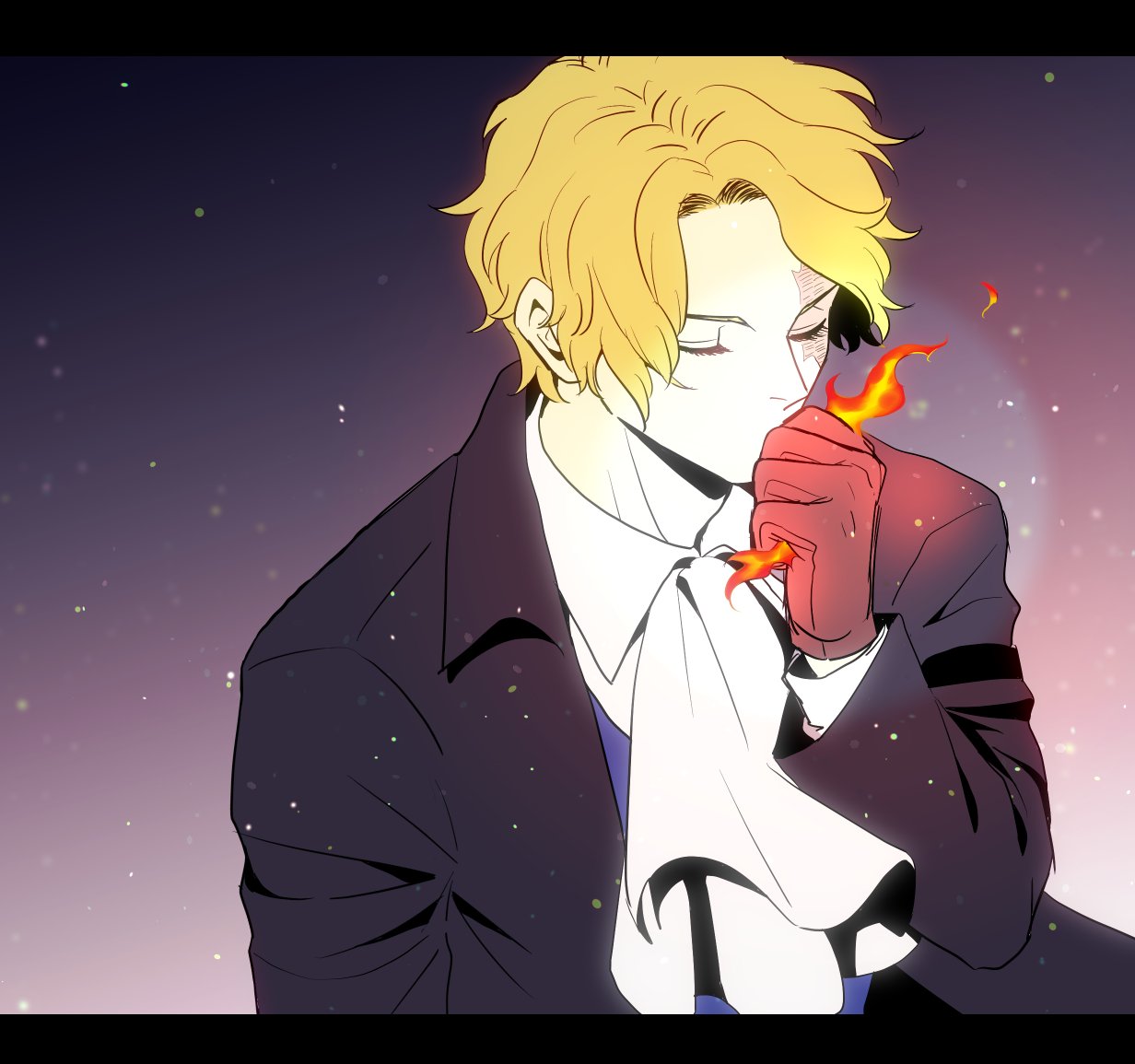 nrrn03, sabo (one piece), one piece, 1boy, ascot, black coat, blonde hair, closed eyes, coat, fire, gloves, letterboxed, male focus, scar, scar on face, short hair, solo, upper body, white ascot