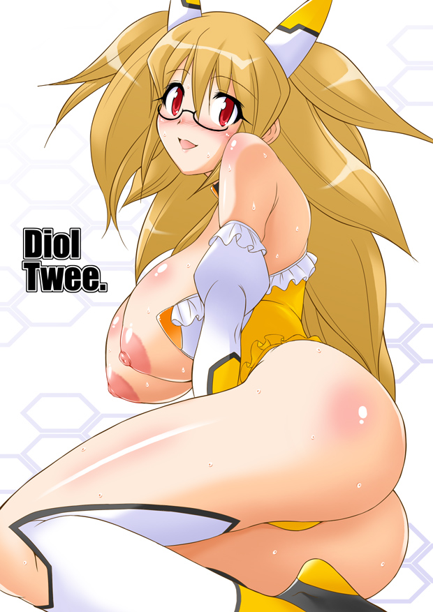 z-s-e, diol twee, otomedius, xexex, bad id, bad pixiv id, 1girl, ass, breasts, brown hair, character name, detached sleeves, female focus, glasses, huge ass, large breasts, leotard, long hair, nipples, open clothes, open shirt, red eyes, robot ears, shirt, simple background, solo, sweat, topless female