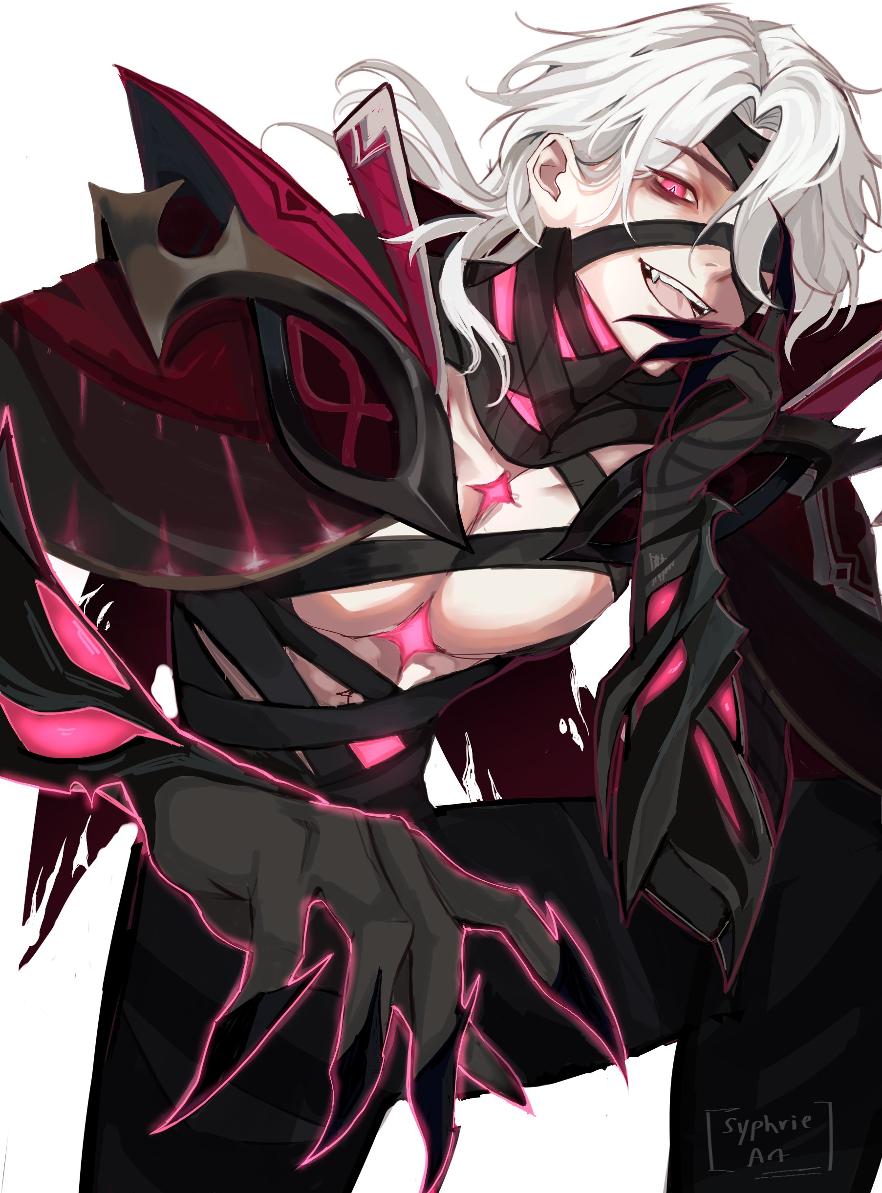 genshin impact, absurdres, highres, 1boy, artist name, bandage over one eye, bandages, bare pectorals, black bandages, black hands, claws, colored extremities, looking at viewer, medium hair, open mouth, pectorals, pink eyes, rerir (genshin impact), simple background, solo, syphrieart, white background, white hair