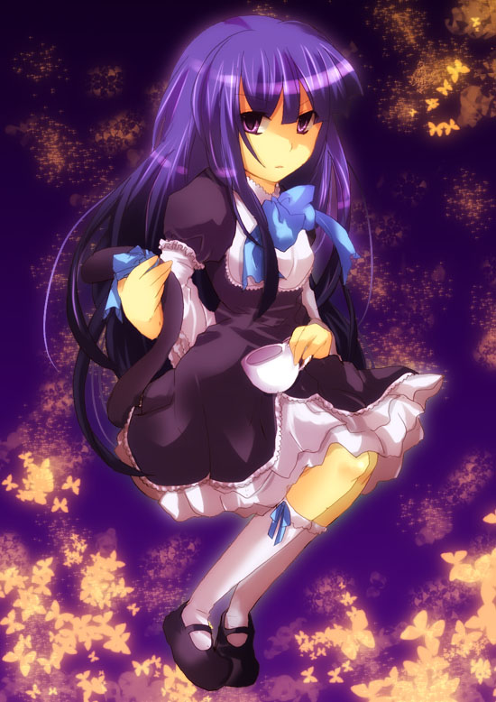 kurohara yuu, frederica bernkastel, umineko no naku koro ni, 00s, 1girl, blue hair, cat tail, cup, dress, female focus, frills, long hair, mary janes, purple eyes, ribbon, shoes, solo, tail, tea