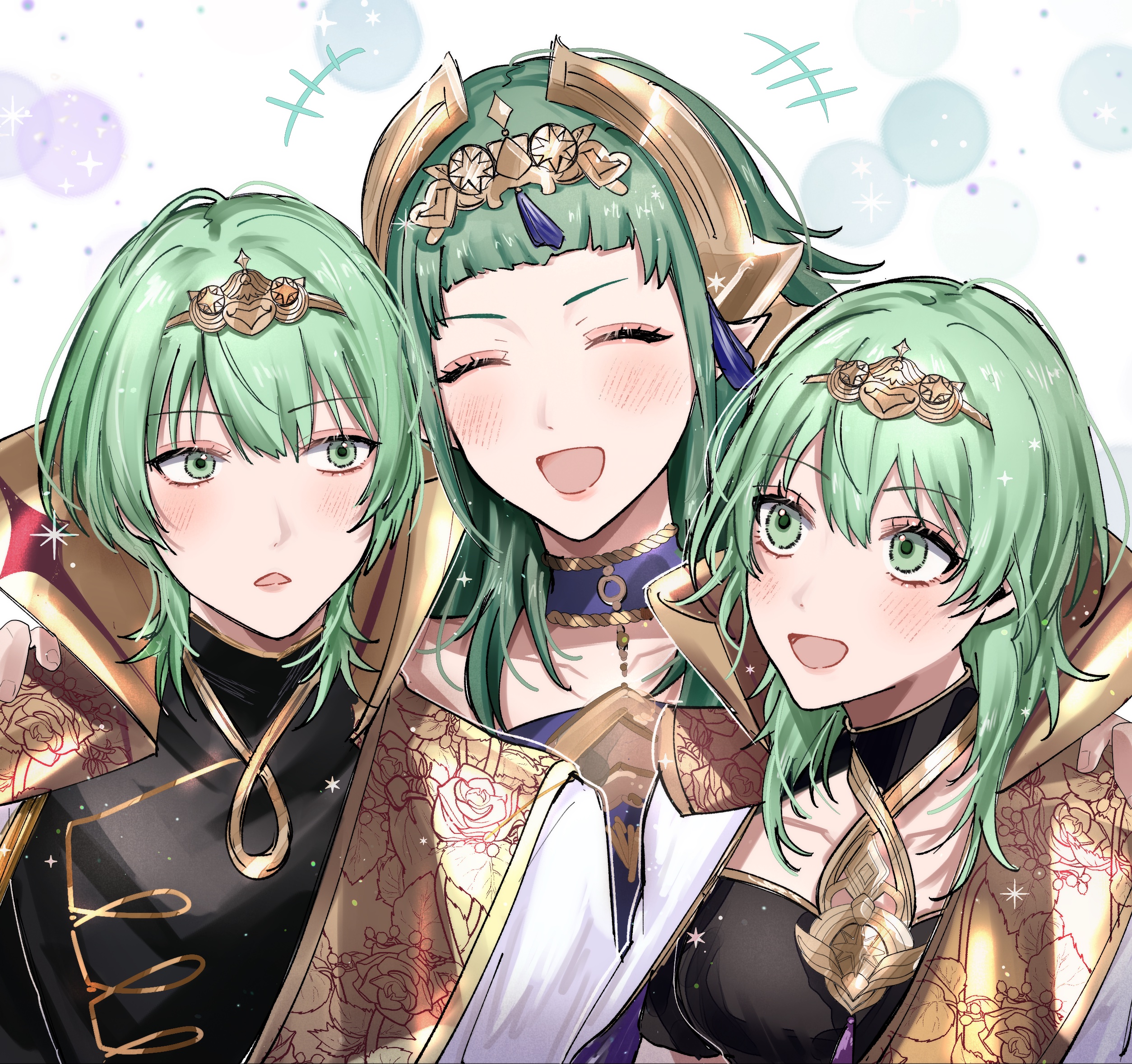 tani11a, female byleth (enlightened) (fire emblem), female byleth (fire emblem), male byleth (enlightened) (fire emblem), male byleth (fire emblem), sothis (adult) (fire emblem), fire emblem, fire emblem: fortune's weave, fire emblem: three houses, nintendo, highres, 1boy, 2girls, alternate hair color, armor, blush, breasts, cape, closed eyes, dress, green eyes, green hair, hair between eyes, hair ornament, headpiece, large breasts, long hair, looking at viewer, medium breasts, medium hair, multiple girls, mystical high collar, open mouth, pointy ears, purple dress, short hair, smile, tassel, tassel hair ornament, tiara, upper body