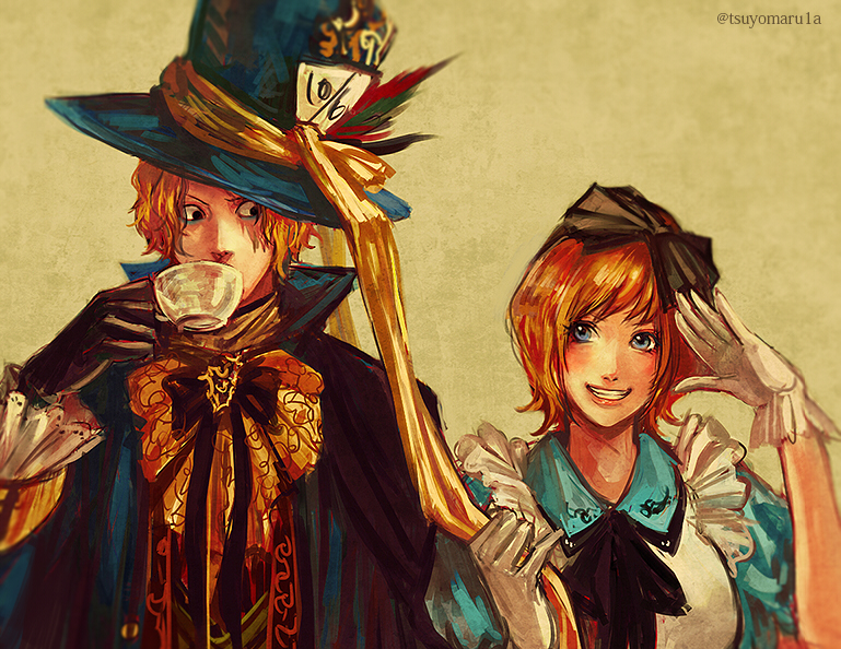 tsuyomaru, alice (alice in wonderland), koala (one piece), sabo (one piece), alice's adventures in wonderland, one piece, commentary request, 1boy, 1girl, alice (alice in wonderland) (cosplay), apron, black gloves, blonde hair, blue dress, blue eyes, bow, bowtie, cosplay, cup, dress, gloves, holding, holding cup, scar, scar across eye, scar on face, short hair, twitter username, upper body, white apron