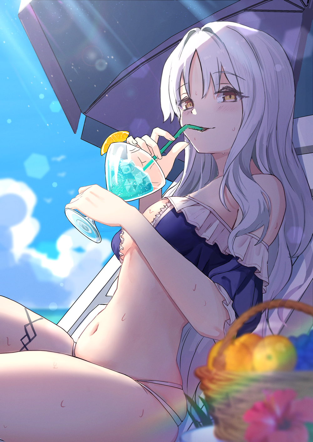 caren hortensia, caren hortensia (angel heart), fate/grand order, fate (series), commentary request, highres, 1girl, beach chair, bikini, blue sky, blush, breasts, chair, cleavage, cloud, cup, drinking, drinking straw, holding, holding cup, long hair, looking at viewer, medium breasts, navel, notonaon, ocean, official alternate costume, outdoors, parasol, sitting, sky, solo, stomach, sweat, swimsuit, umbrella, water, white hair, yellow eyes