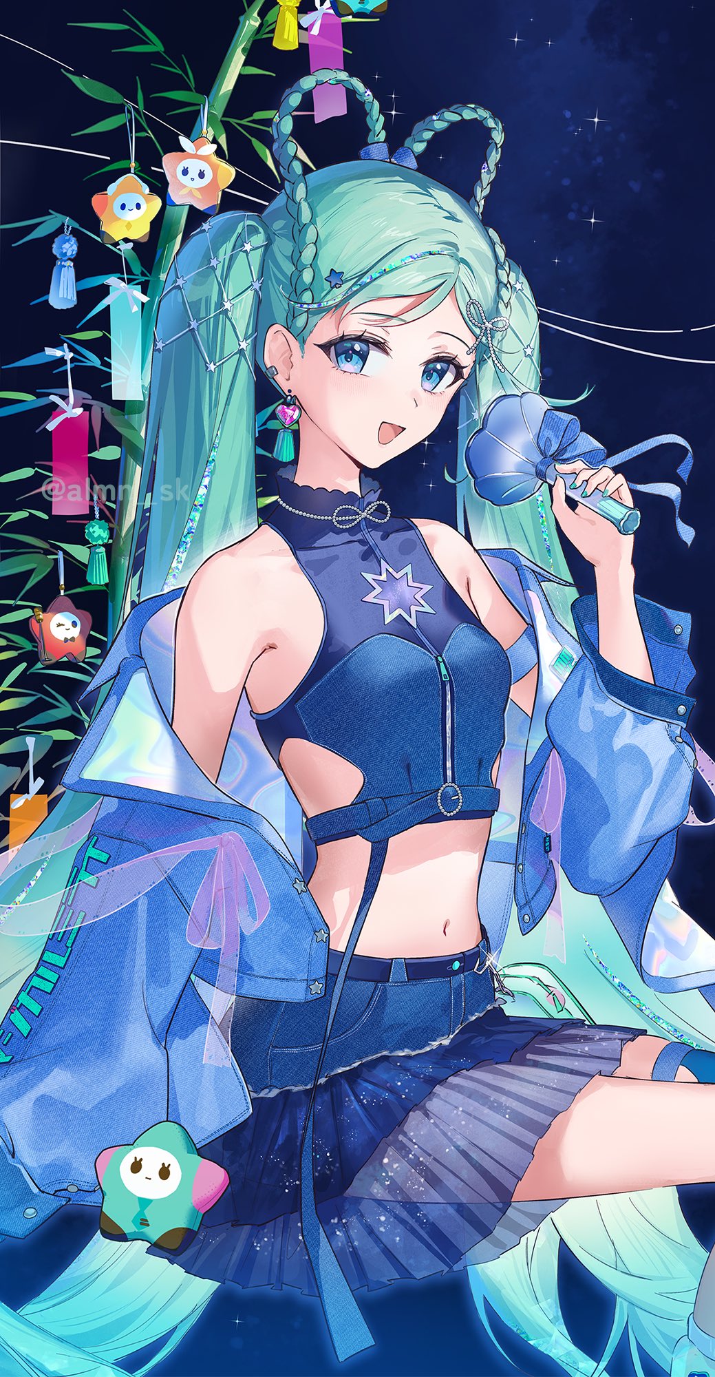 almn sk, hatsune miku, magical mirai miku, magical mirai miku (2025), magical mirai (vocaloid), vocaloid, highres, 1girl, aqua eyes, aqua hair, aqua nails, blue jacket, blue skirt, braid, braided hair rings, breasts, crop top, earrings, hair between eyes, hair ornament, hair rings, heart, heart earrings, holding, holding microphone, jacket, jewelry, long hair, long sleeves, looking at viewer, medium breasts, microphone, navel, official alternate costume, official alternate hairstyle, open clothes, open jacket, open mouth, shirt, single earring, skirt, sleeveless, sleeveless shirt, smile, solo, stomach, tanabata, twintails, very long hair