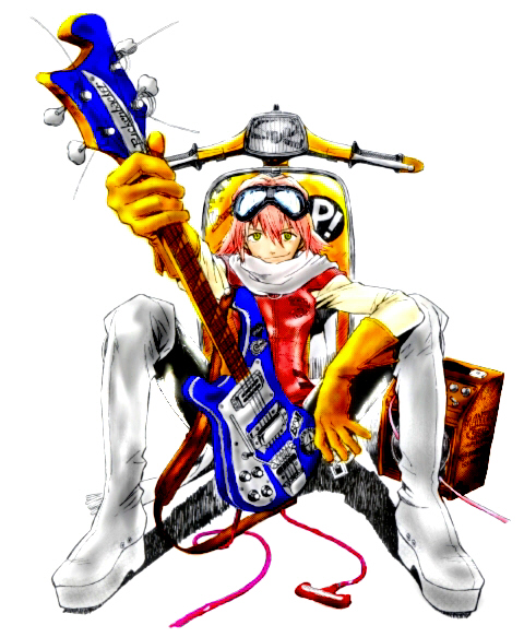 sadamoto yoshiyuki, haruhara haruko, flcl, vespa, vehicle, colorized, 00s, 1girl, amplifier, bass guitar, boots, female focus, gloves, goggles, goggles on head, instrument, motor vehicle, pink hair, scarf, scooter, sitting, smile, smirk, solo, thigh boots, thighhighs, yellow eyes