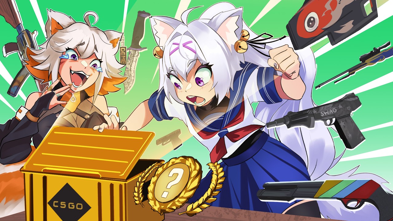 demenishki, filian (vtuber), counter-strike (series), counter-strike 2, indie virtual youtuber, commentary, english commentary, official art, second-party source, video thumbnail, weapon request, 2girls, :o, ?, ahoge, animal ears, black ribbon, blue sailor collar, blue skirt, cat ears, cat girl, clenched hand, collared shirt, colored inner hair, combat knife, crate, crying, crying with eyes open, eyelashes, fangs, gun, hair ribbon, happy tears, jewelry, knife, laughing, long hair, multicolored hair, multiple girls, multiple rings, nail polish, neckerchief, open mouth, orange hair, orange nails, purple eyes, purple nails, red neckerchief, red panda ears, red panda girl, ribbon, ring, sailor collar, school uniform, serafuku, shirt, short hair, skirt, smile, spacelillis, tears, two-tone hair, virtual youtuber, weapon, white hair, white shirt, youtube video thumbnail