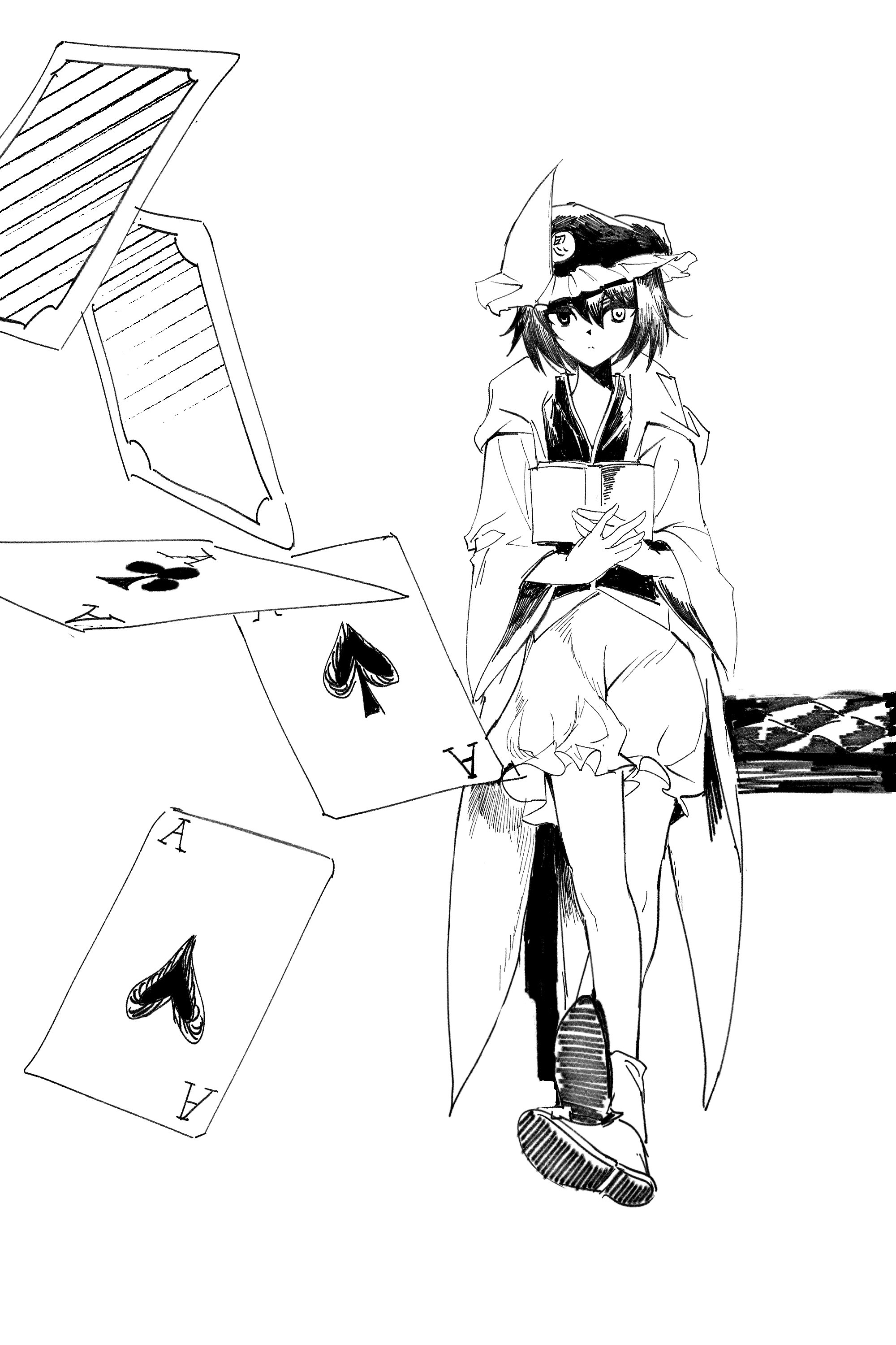 shitodo kuroji, len'en, absurdres, chinese commentary, commentary, english commentary, highres, mixed-language commentary, multilingual commentary, 1other, ace (playing card), ace of clubs, ace of hearts, ace of spades, androgynous, ankle socks, baggy shorts, book, boots, card, club (shape), coattails, collared shirt, crossed legs, dot nose, expressionless, floating card, frilled headwear, frilled shorts, frills, full body, greyscale, hair between eyes, hat, heart, heterochromia, high collar, holding, holding book, hood, hood down, hooded jacket, house of cards, jacket, long sleeves, mob cap, monochrome, open book, open clothes, open jacket, other focus, parted lips, playing card, shirt, short hair, shorts, simple background, sitting, socks, solo, spade (shape), triangular headpiece, tsurime, white background, wide sleeves, yancao (pixiv 103434280), zipper