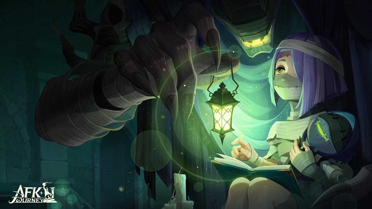 afk (series), afk journey, commentary, english commentary, official art, 1boy, bandaged head, bandages, blunt ends, book, candle, daimon (afk), green eyes, hair over one eye, holding, holding lantern, lantern, looking ahead, male focus, open book, purple hair, short hair, solo, undead