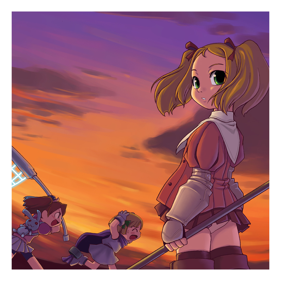 stupa13a, hero's daughter (dq5), ridley timberlake, sayaka (saru getchu), dragon quest, dragon quest v, radiata stories, saru getchu, square enix, tri-ace, 3girls, armor, blonde hair, brown hair, child, crossover, green eyes, multiple girls, open mouth, panties, pantyshot, ribbon, skirt, stuffed animal, stuffed toy, teeth, thighhighs, tongue, twintails, underwear