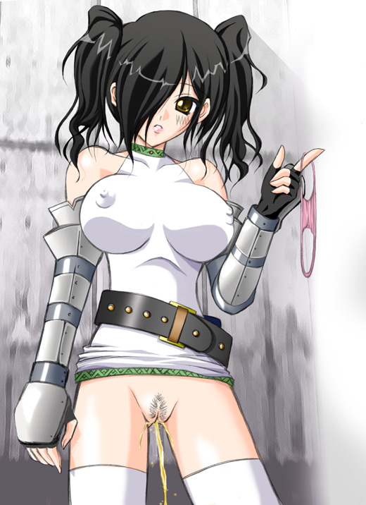 lily (radiata stories), radiata stories, 1girl, belt, black hair, blush, bracer, breasts, female focus, female pubic hair, nipples, no panties, peeing, pubic hair, pussy, solo, standing, thighhighs, twintails, uncensored, yellow eyes