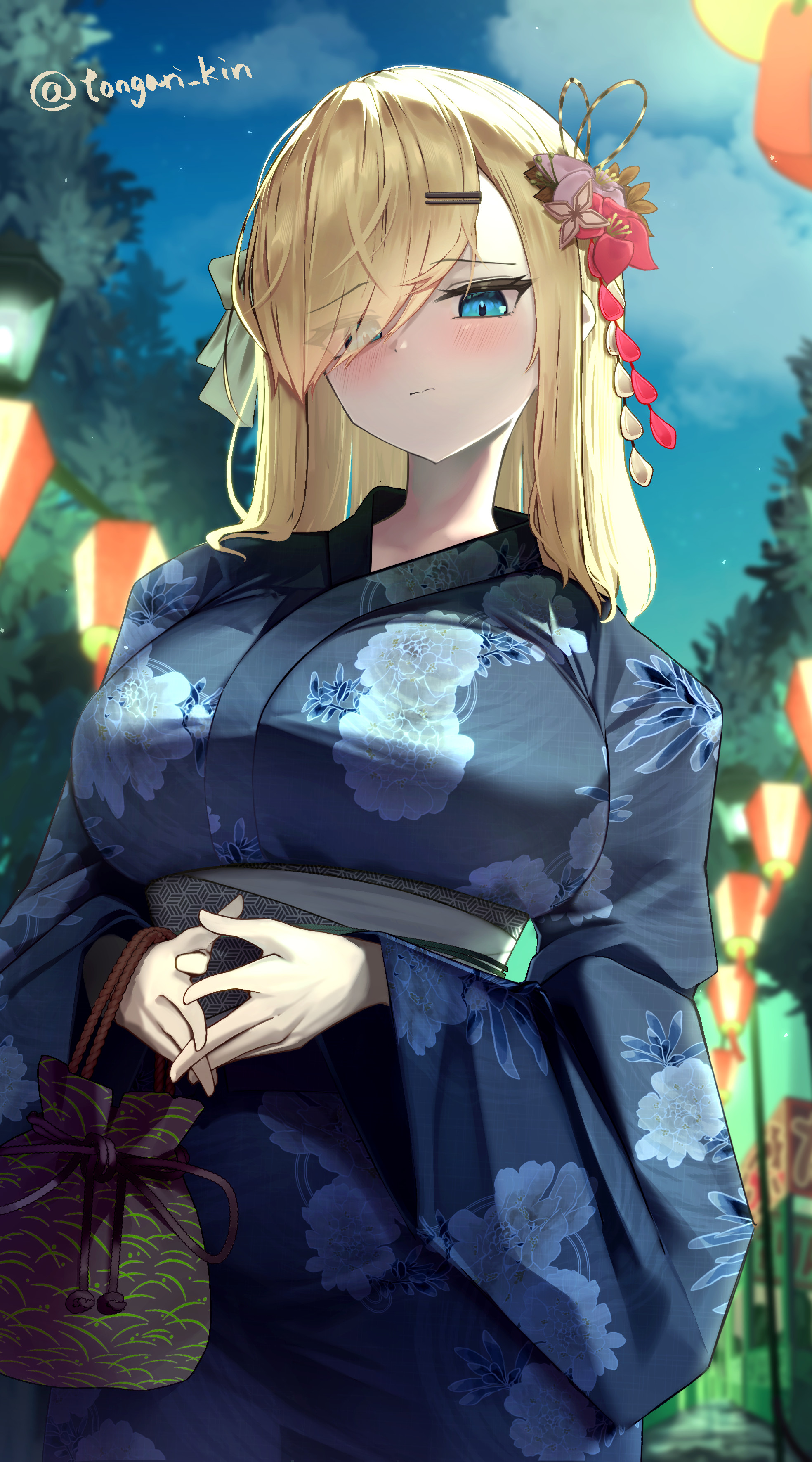 tongari kin, original, absurdres, commission, highres, skeb commission, 1girl, bag, blonde hair, blue eyes, blue kimono, blush, bow, breasts, dot nose, eyes visible through hair, floral print, from below, furrowed brow, hair bow, hair ornament, hair over one eye, hairclip, holding, holding bag, huge breasts, japanese clothes, kanzashi, kimono, long hair, looking down, narrowed eyes, obi, own hands together, print kimono, sash, solo, standing, summer festival, tree, tsumami kanzashi, twitter username, yukata