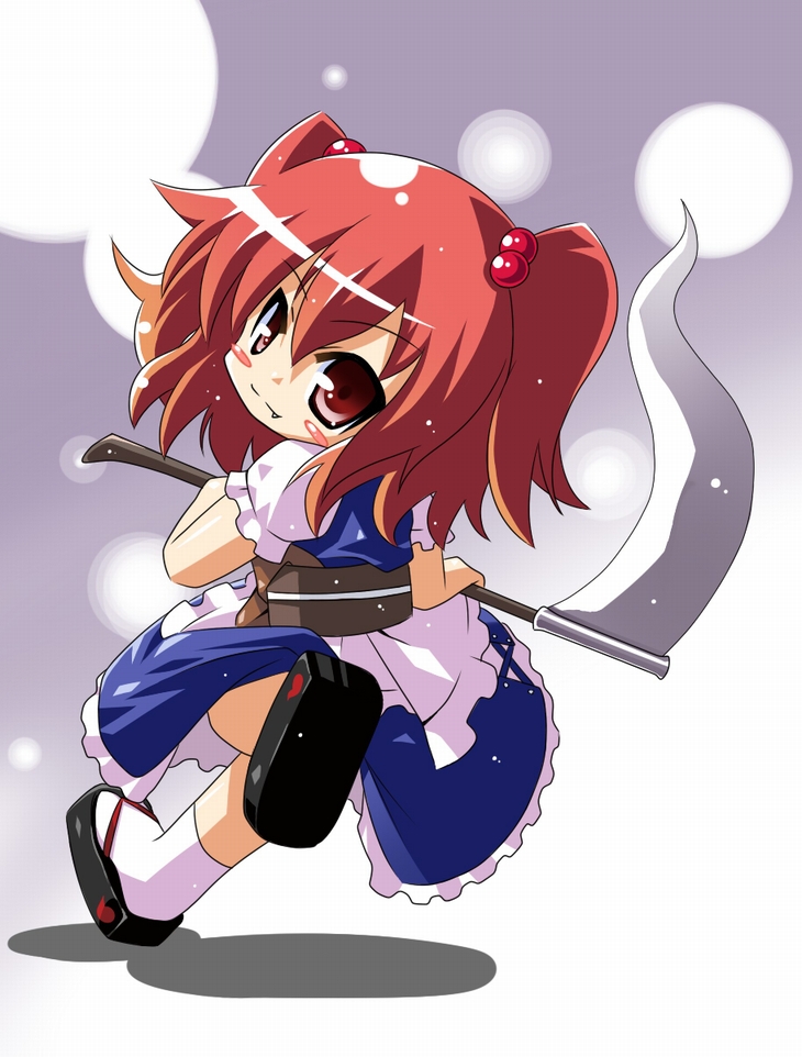 kami koppu, onozuka komachi, touhou, bad id, bad pixiv id, 1girl, chibi, female focus, full body, gradient background, grey background, red hair, scythe, short hair, solo, standing, white background