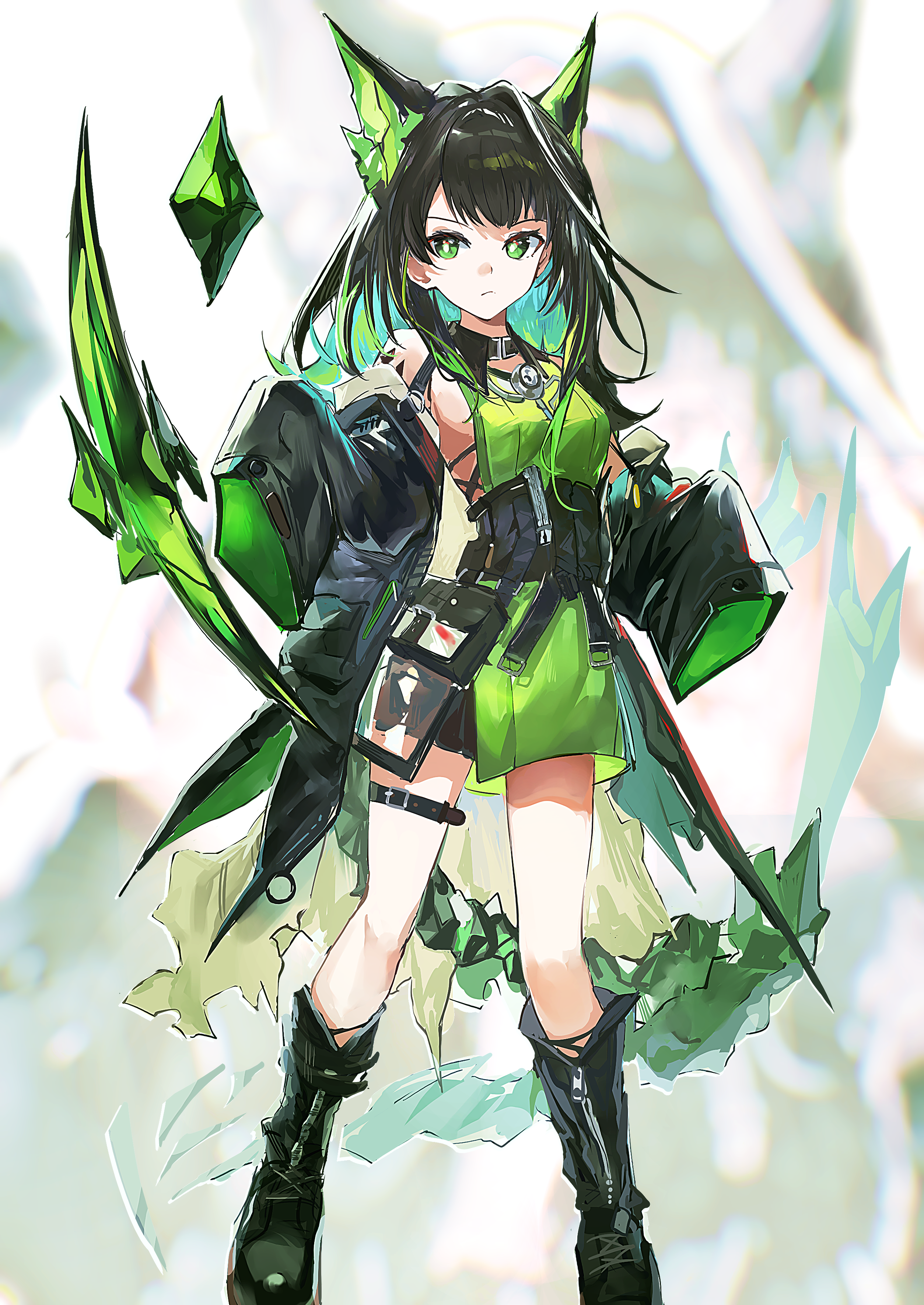sudadachi, mon3tr (arknights), arknights, absurdres, commentary request, highres, 1girl, aqua hair, bare shoulders, belt, belt buckle, black belt, black boots, black hair, black jacket, boots, bright pupils, buckle, closed mouth, colored inner hair, crystal, full body, green eyes, green hair, jacket, knee boots, looking at viewer, material growth, medium hair, multicolored hair, off shoulder, oripathy lesion (arknights), solo, standing, strap, tail, thigh belt, thigh strap, white pupils, zoom layer