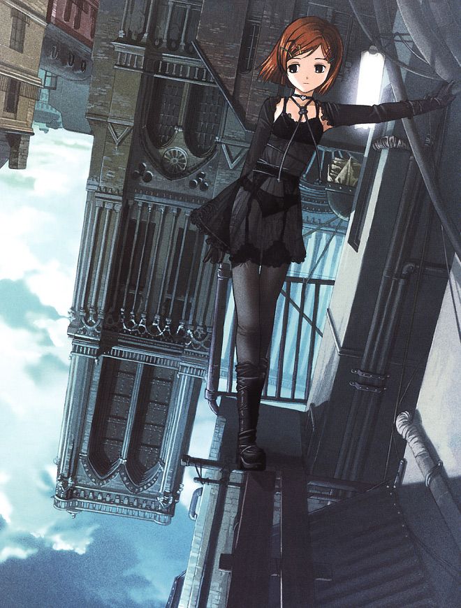 yoshida seiji, original, duplicate, 1girl, black dress, boots, breasts, brown hair, dress, female focus, garter belt, small breasts, solo, thighhighs
