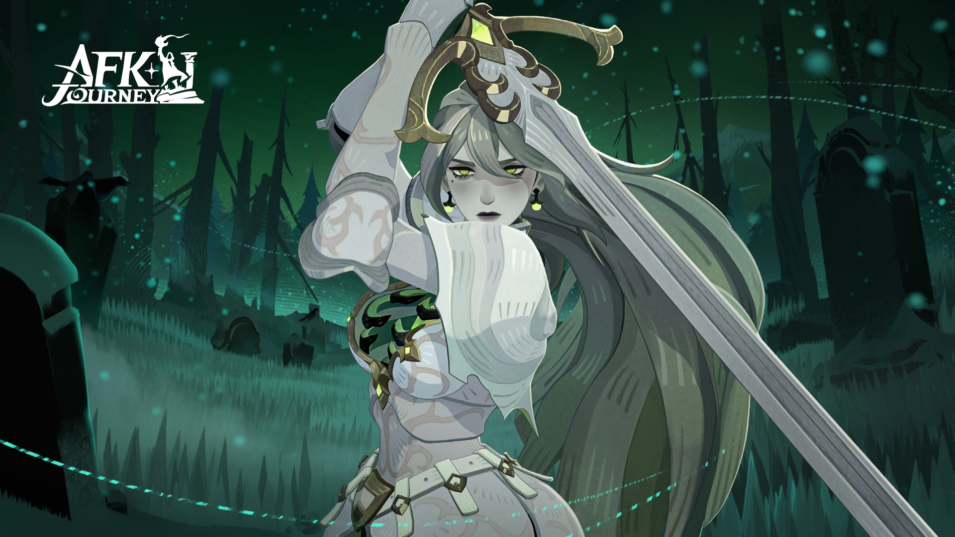 afk (series), afk journey, commentary, english commentary, highres, official art, official wallpaper, 1girl, armor, bare tree, black lips, copyright logo, earrings, fighting stance, glowing, glowing earrings, green eyes, green hair, grey hair, hands up, high collar, holding, holding sword, holding weapon, jewelry, looking at viewer, mole, mole under eye, outdoors, shoulder armor, snowing, solo, straight-on, sword, tree, undead, upper body, valka (afk), weapon