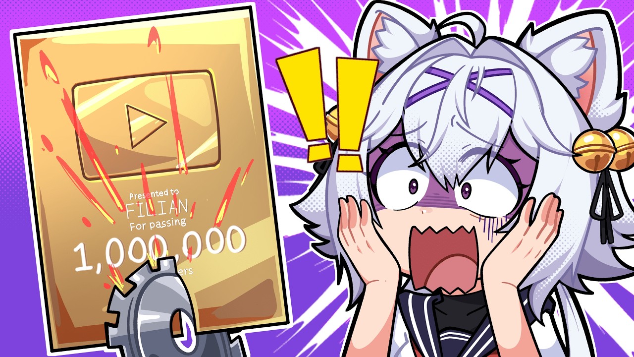 filian (vtuber), indie virtual youtuber, youtube, commentary, english commentary, official art, second-party source, video thumbnail, !, !!, 1girl, ahoge, animal ears, bell, black ribbon, blue sailor collar, cat ears, cat girl, character name, circular saw, cutting, english text, eyelashes, hair bell, hair between eyes, hair intakes, hair ornament, hair ribbon, hands on own face, marcelinha, open mouth, outline, panicking, plaque, purple eyes, ribbon, sailor collar, saw, scared, shaded face, solo, sparks, virtual youtuber, white hair, white outline, youtube creator award, youtube video thumbnail