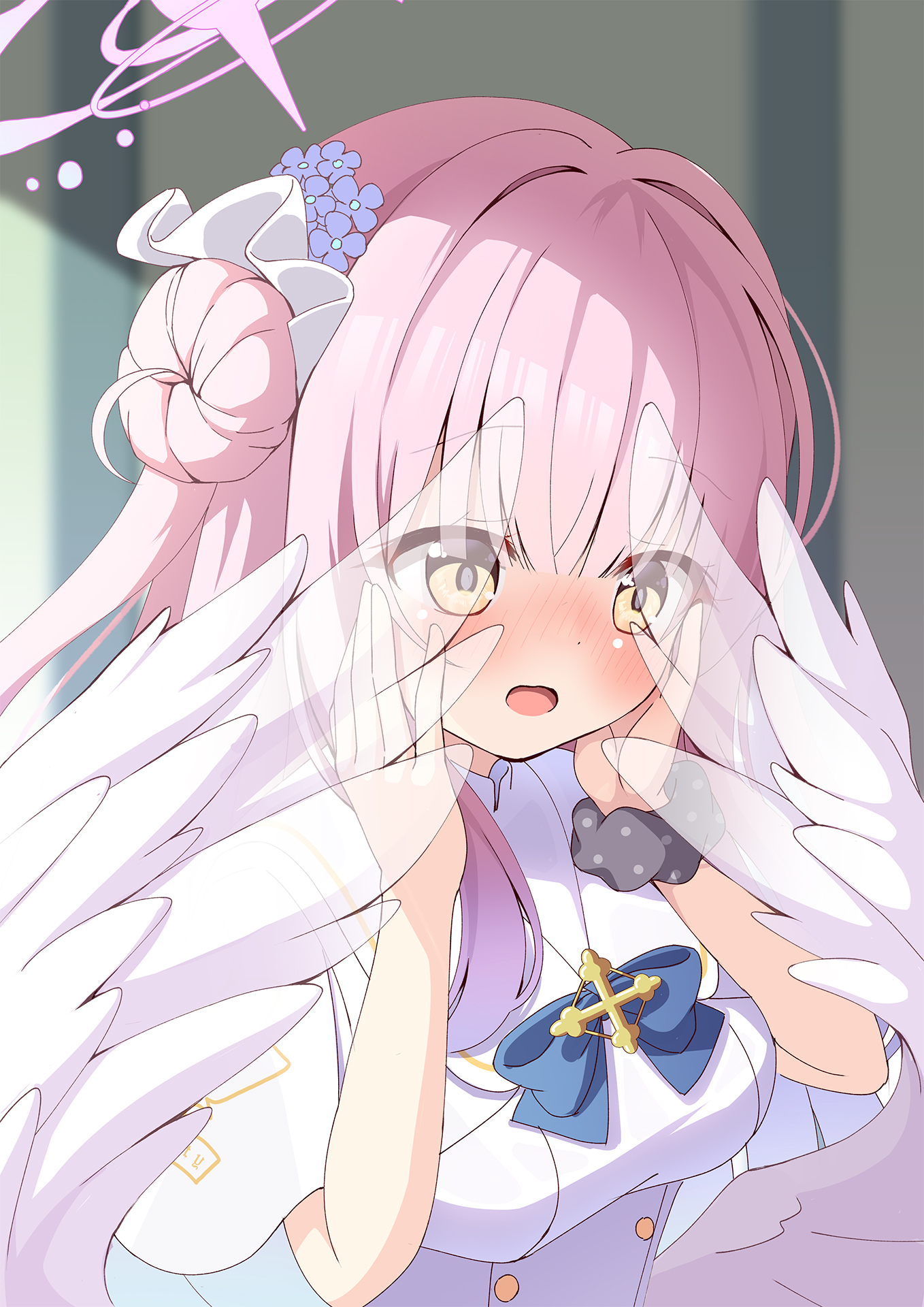 azel (laevateinn495), mika (blue archive), blue archive, highres, 1girl, angel wings, blue bow, blush, bow, breasts, feathered wings, flower, gold trim, hair bun, hair flower, hair ornament, halo, long hair, low wings, medium breasts, open mouth, pink hair, pink halo, scrunchie, single hair bun, single side bun, solo, very long hair, white wings, wings, wrist scrunchie, yellow eyes