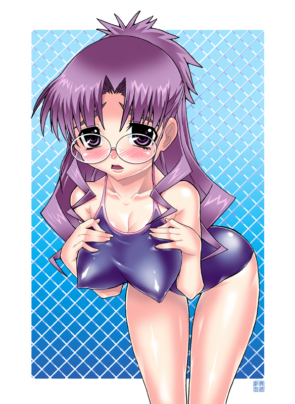 mudou eichi, matsuura nanase, macross, macross frontier, 00s, 1girl, bent over, blush, breasts, covered erect nipples, female focus, glasses, huge breasts, long hair, one-piece swimsuit, purple eyes, purple hair, purple one-piece swimsuit, purple school swimsuit, school swimsuit, solo, swimsuit, thigh gap, thighs
