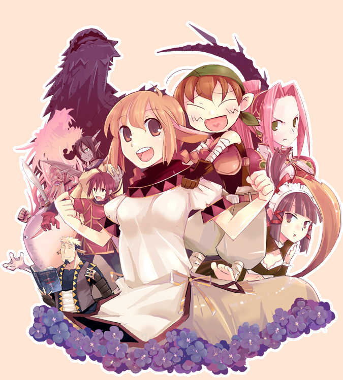 tpz, original, sword world, 3boys, 5girls, animal ears, black hair, blonde hair, brown hair, horns, long hair, multiple boys, multiple girls, pink hair, short hair, sword, weapon