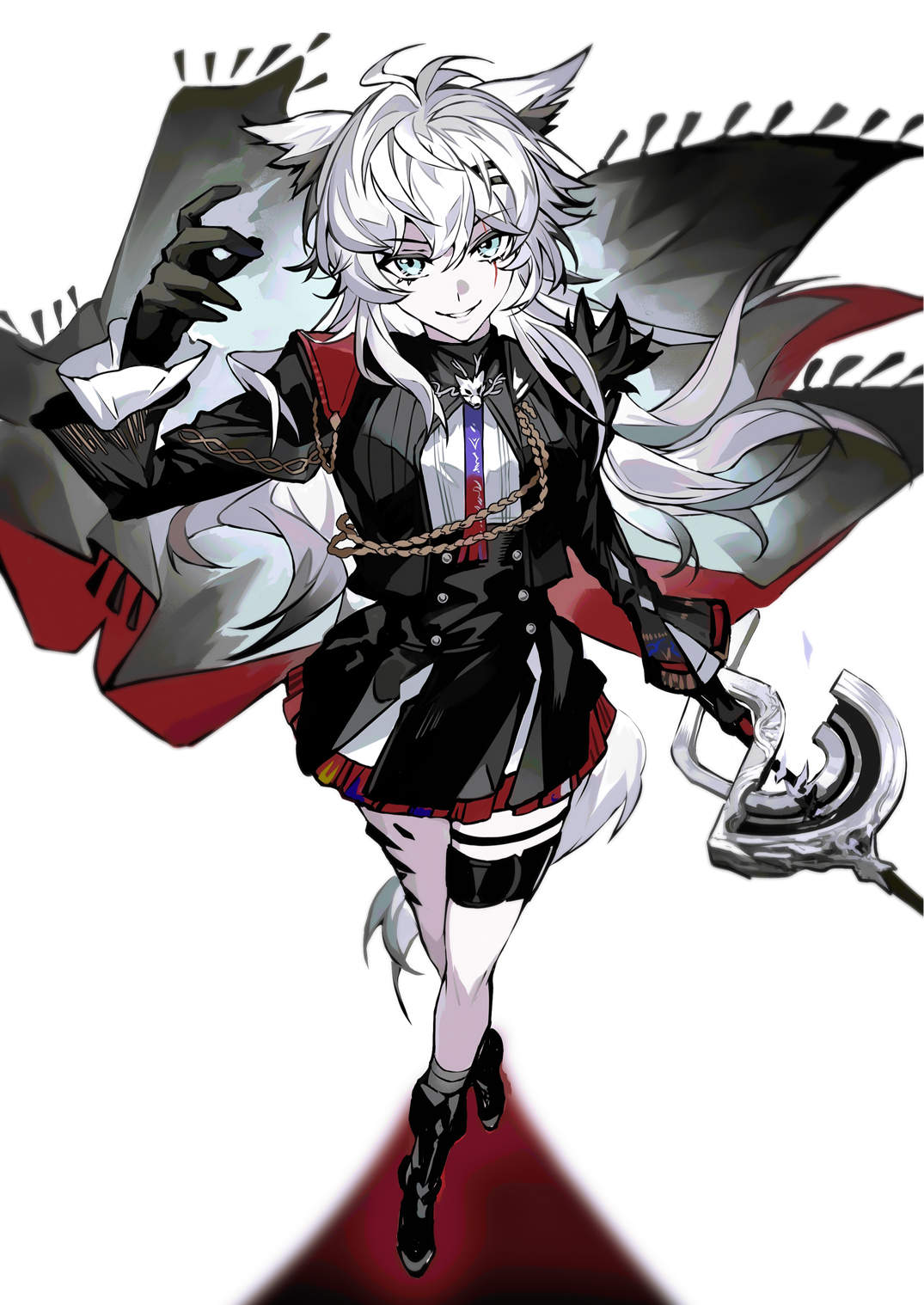 cen (acheng02806053), lappland (arknights), lappland the decadenza (arknights), arknights, highres, 1girl, aiguillette, animal ears, arm up, black boots, black cape, black gloves, black jacket, black skirt, blue eyes, bolo tie, boots, cape, floating cape, full body, gloves, hair between eyes, hair ornament, hairclip, holding, jacket, knee boots, long hair, long sleeves, looking at viewer, material growth, oripathy lesion (arknights), red cape, scar, scar across eye, scar on face, simple background, skirt, smile, solo, standing, tail, thigh strap, white background, white hair, white tail, wolf ears, wolf girl, wolf tail