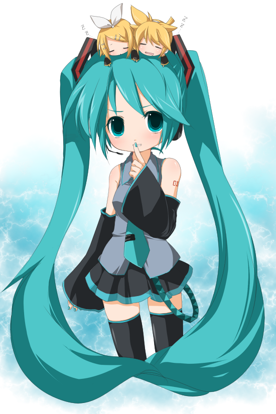 kosumo, hatsune miku, kagamine len, kagamine rin, vocaloid, 1boy, 2girls, aqua eyes, aqua hair, aqua nails, brother and sister, chibi, chibi on head, detached sleeves, finger to mouth, long hair, multiple girls, nail polish, on head, shushing, siblings, sleeping, thighhighs, twins, twintails, very long hair