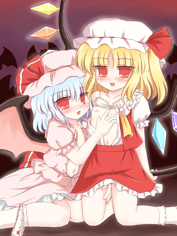 ry (yagoyago), flandre scarlet, remilia scarlet, touhou, 2girls, blush, female focus, gradient background, hat, incest, mob cap, multiple girls, navel, nipples, panties, red eyes, short hair, siblings, sisters, skirt, underwear, wings, yuri
