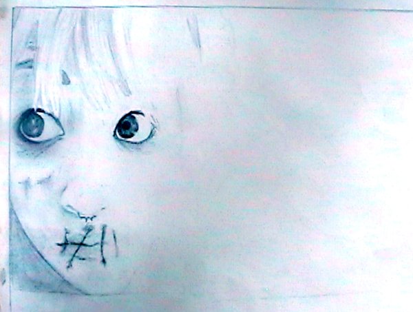 1girl, blue theme, creepy, female focus, monochrome, scar, sketch, solo, stitches, white hair