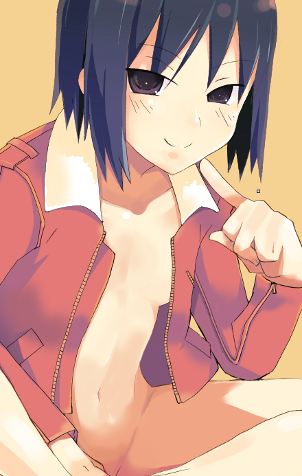 tpz, ryougi shiki, kara no kyoukai, 1girl, black eyes, black hair, bottomless, female focus, jacket, navel, no bra, open clothes, open jacket, red jacket, short hair, smile, solo
