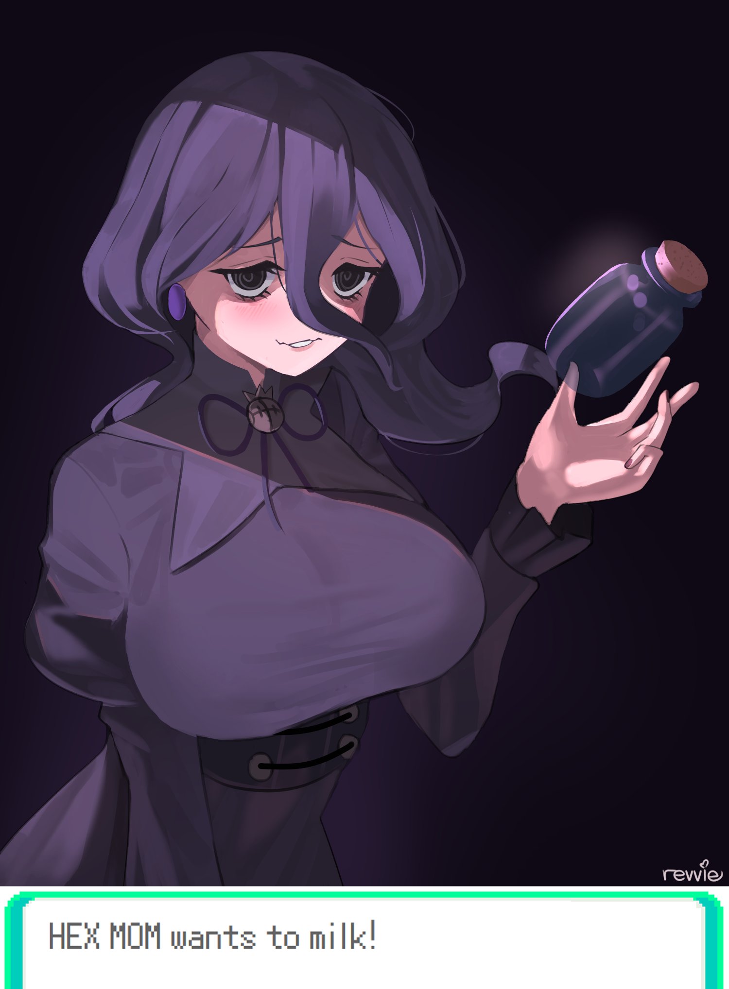 revvie, hex maniac (pokemon), hex maniac (pokemon legends: z-a), nintendo, pokemon, pokemon legends: z-a, commentary, english commentary, highres, 1girl, @ @, alternate breast size (larger), black corset, black dress, black hair, blush, bottle, breasts, corset, dress, earrings, english text, floating, floating object, hair between eyes, jewelry, large breasts, long hair, long sleeves, milk bottle, neck ribbon, parted lips, purple ribbon, ribbon, simple background, smile, solo