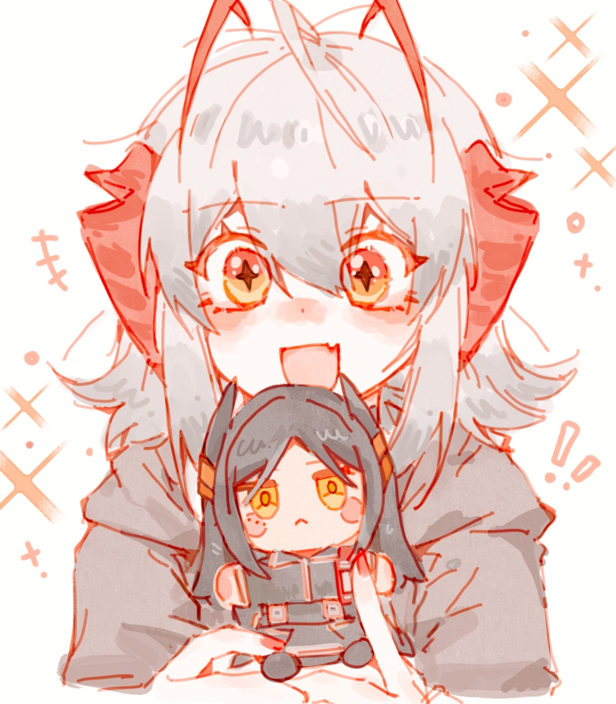 softtoast, ines (arknights), w (arknights), arknights, highres, !, !!, +++, 1girl, :<, :d, ahoge, antenna hair, character doll, doll, excited, fang, grey hair, hair between eyes, holding, holding doll, looking at viewer, medium hair, multicolored hair, open mouth, red hair, skin fang, smile, solo, sparkle, streaked hair, white background, yellow eyes