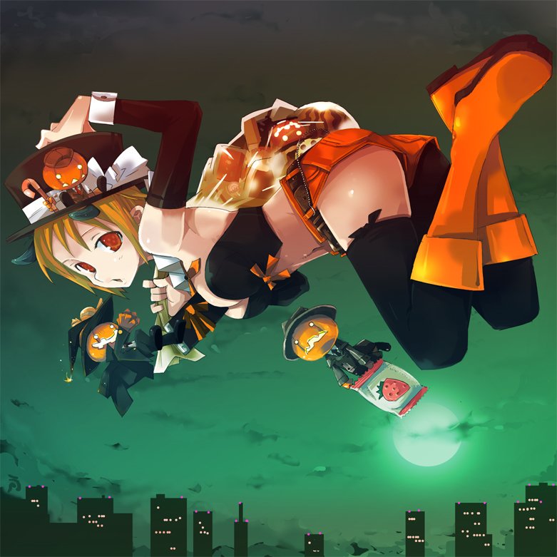 tpz, 1girl, arm warmers, bag, belt, black thighhighs, boots, candy, city, cloud, female focus, flying, food, food-themed hair ornament, fruit, green background, hair ornament, halloween, hand on headwear, hat, horns, jack-o'-lantern, mascot, midriff, moon, night, orange hair, pumpkin, pumpkin hair ornament, red eyes, sack, short hair, shorts, sky, socks, solo, strawberry, thighhighs, wrist cuffs