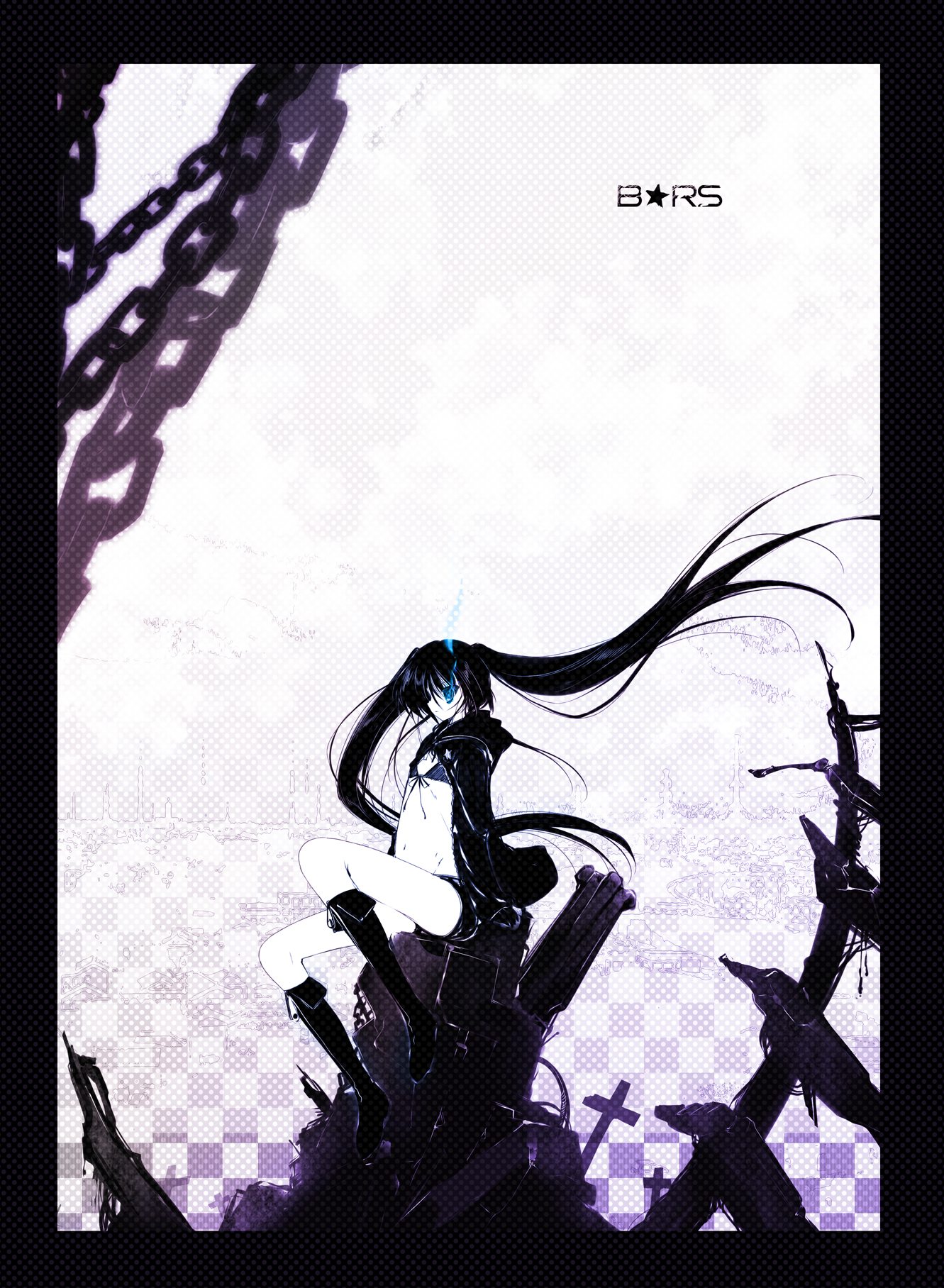 akahito, black rock shooter (character), hatsune miku, black rock shooter, vocaloid, bad id, bad pixiv id, highres, 10s, 1girl, black hair, blue eyes, chain, female focus, midriff, monochrome, navel, solo, spot color, twintails