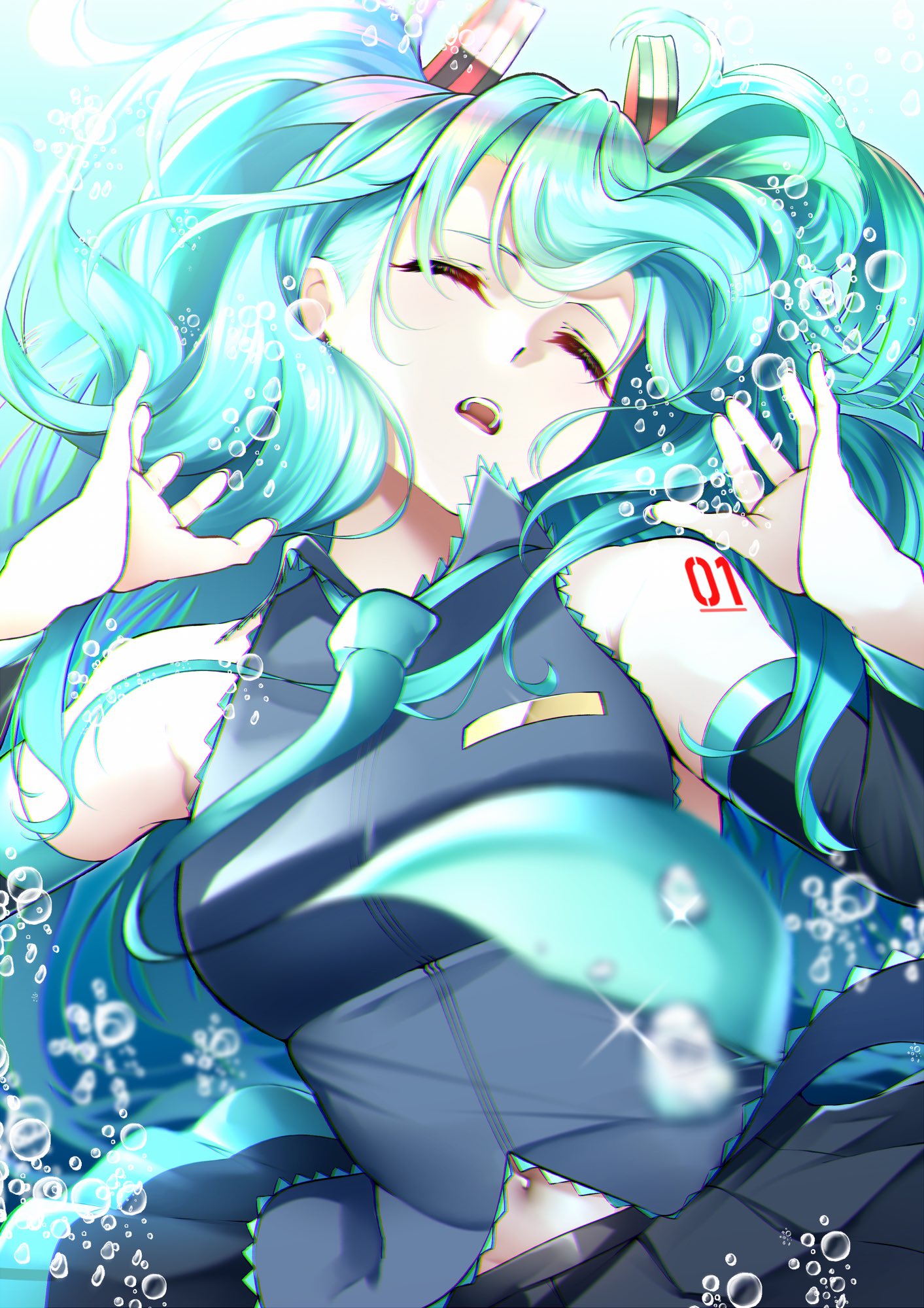 len (hand linke), hatsune miku, vocaloid, highres, 1girl, aqua eyes, aqua hair, aqua necktie, aqua trim, arm tattoo, black skirt, breasts, closed eyes, collared shirt, detached sleeves, grey shirt, hair ornament, long hair, long sleeves, medium breasts, navel, necktie, number tattoo, open mouth, pleated skirt, shirt, skirt, sleeveless, sleeveless shirt, solo, tattoo, twintails, underwater, very long hair