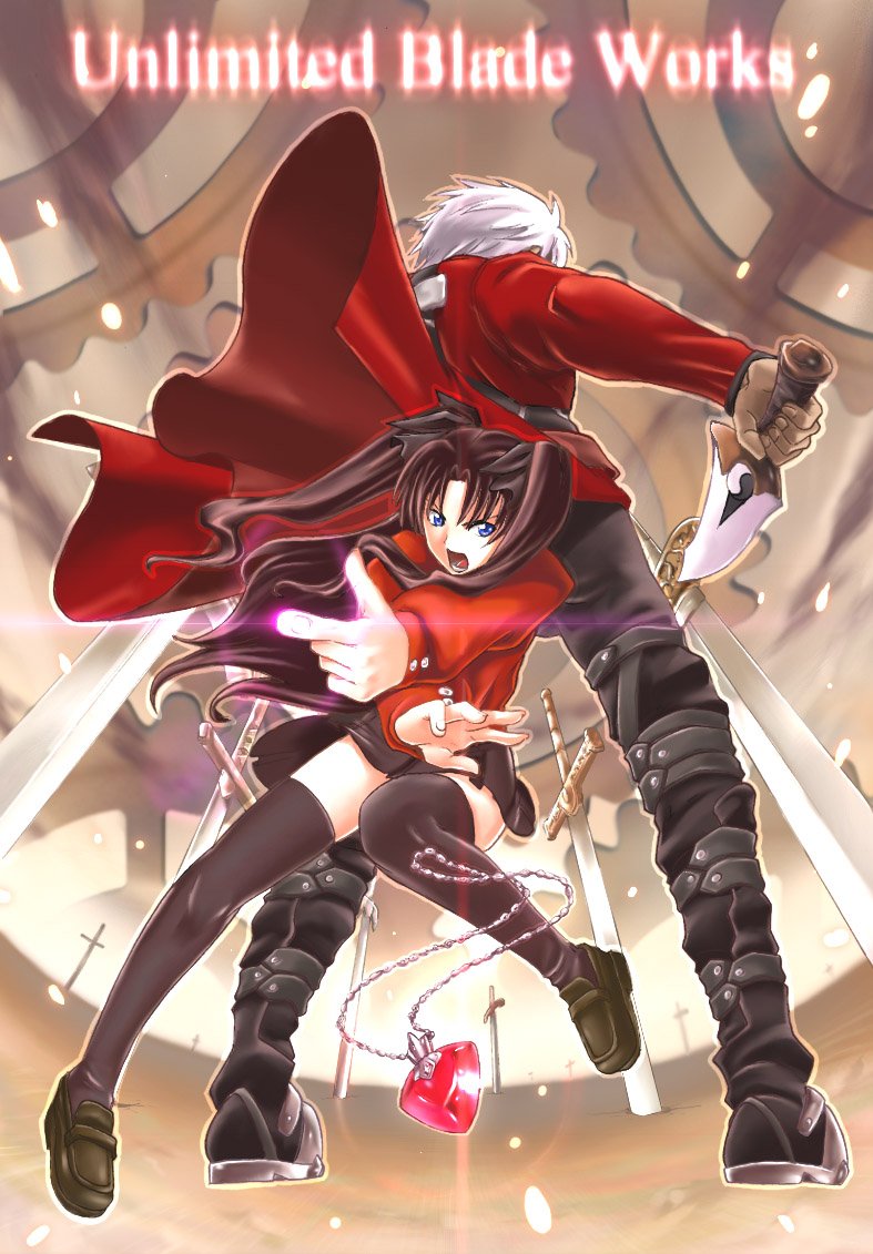 takenoko hoshihito, takenoko seijin, archer (fate), tohsaka rin, fate/stay night, fate (series), blade, 00s, 1boy, 1girl, black thighhighs, jewelry, kanshou & bakuya (fate), necklace, sword, thighhighs, unlimited blade works (reality marble), weapon